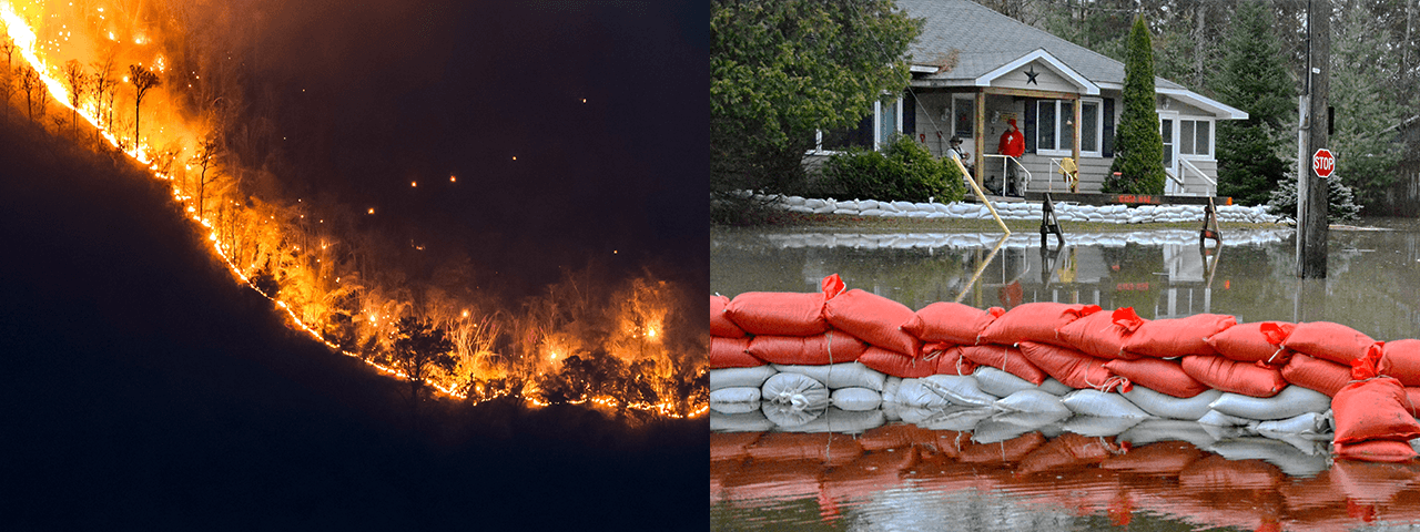 Wide shot of wildfire or flood image showing devastation on a large scale.